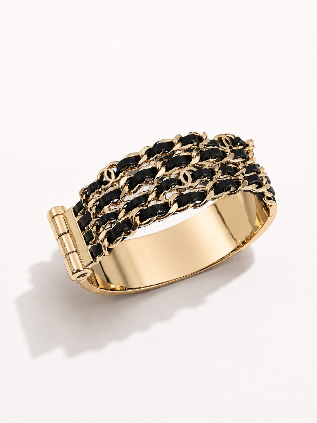 Gold Metal and Black Lambskin Chain Cuff Bracelet
