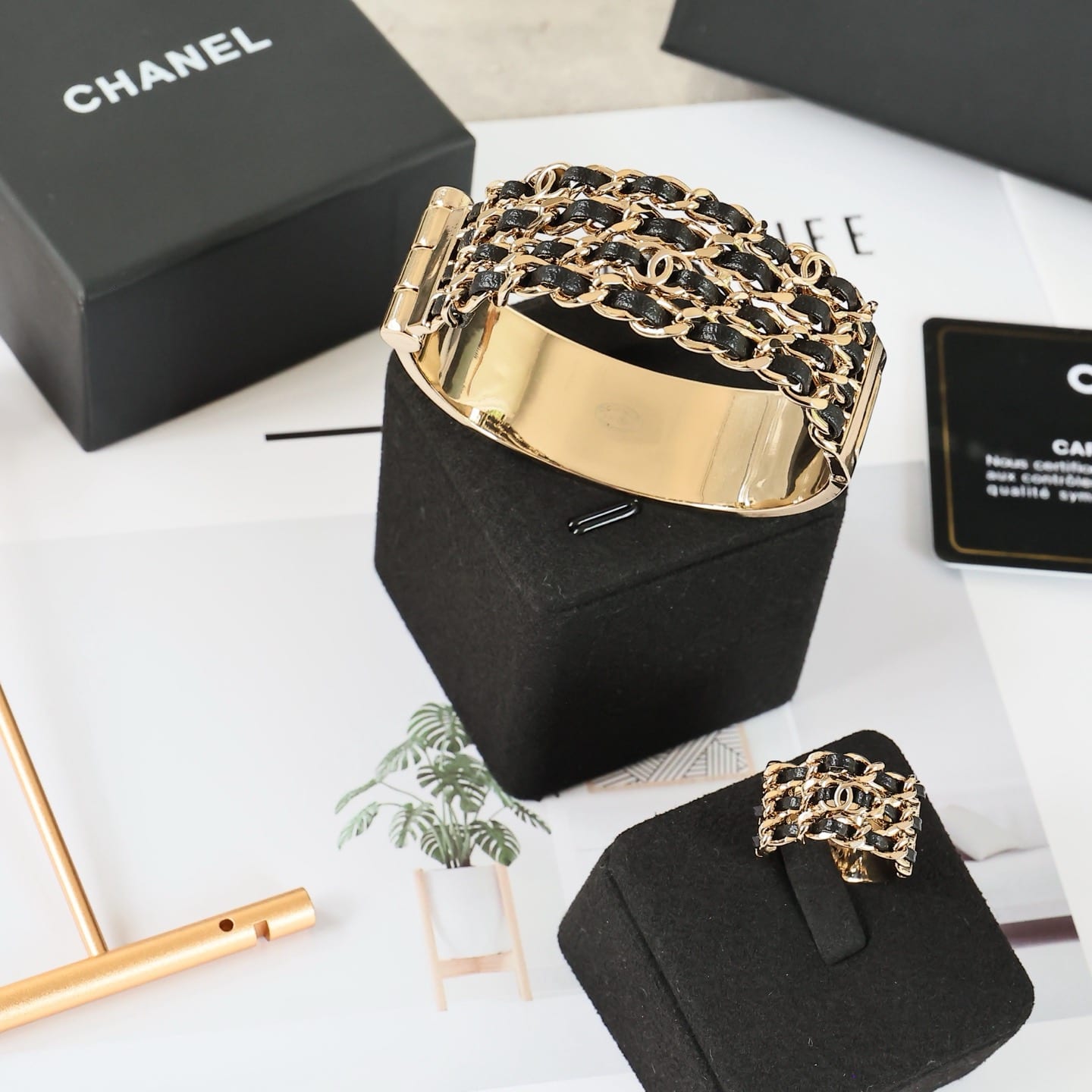 Gold Metal and Black Lambskin Chain Cuff Bracelet 2
