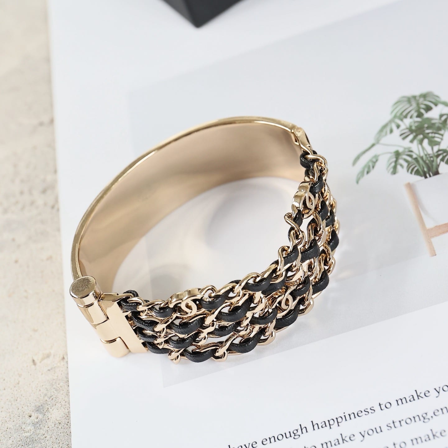 Gold Metal and Black Lambskin Chain Cuff Bracelet 3