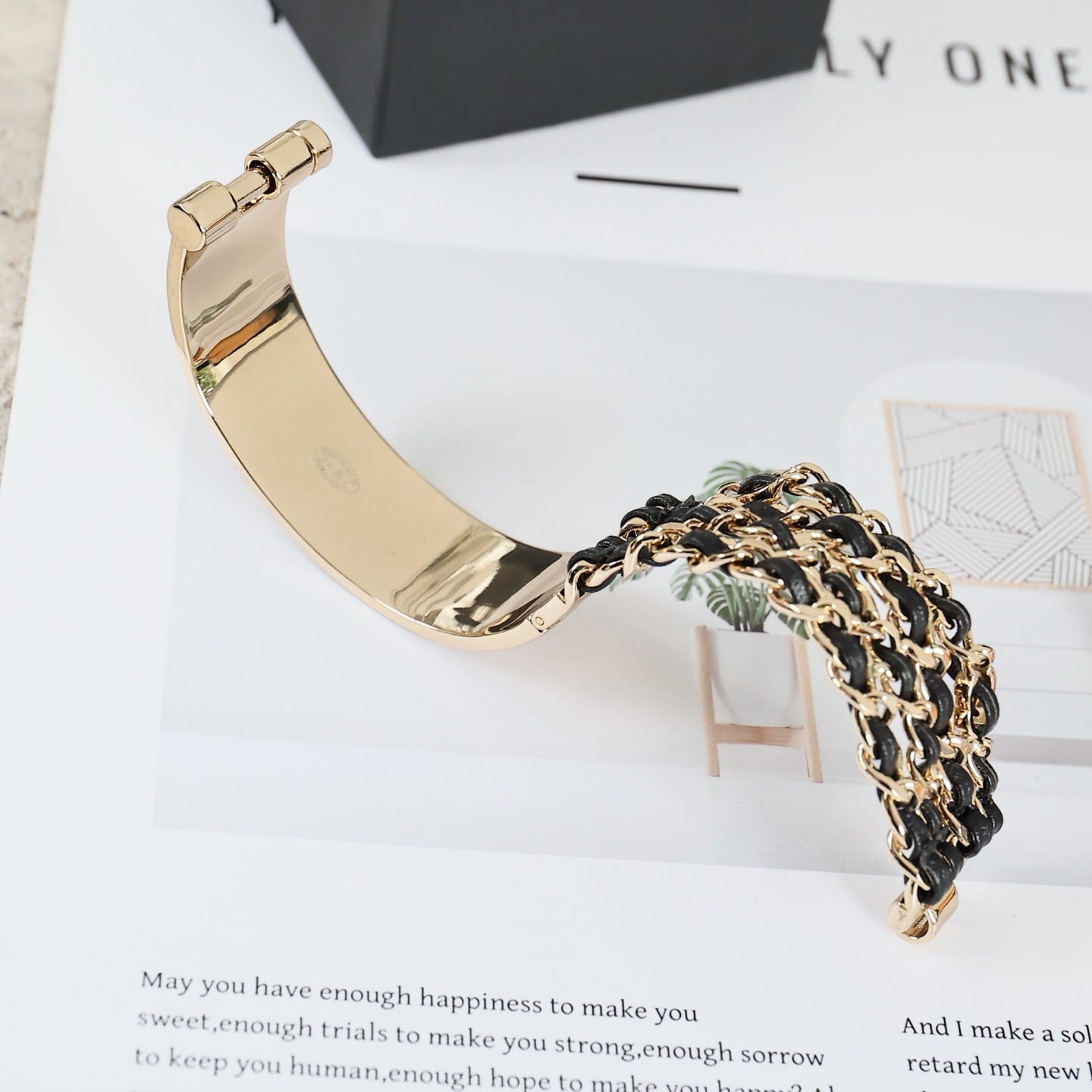 Gold Metal and Black Lambskin Chain Cuff Bracelet 4