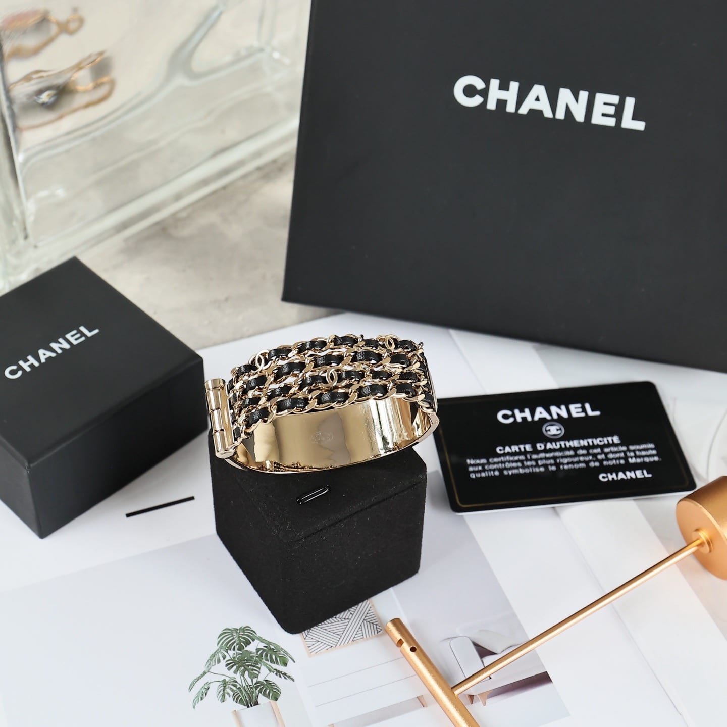 Gold Metal and Black Lambskin Chain Cuff Bracelet 5