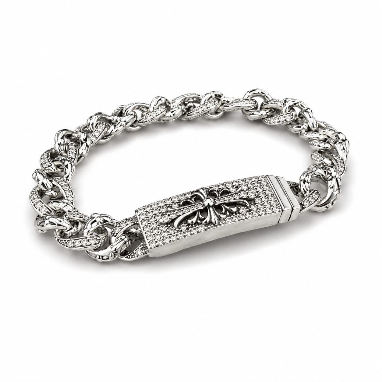 Diamond Floral Cross ID Bracelet