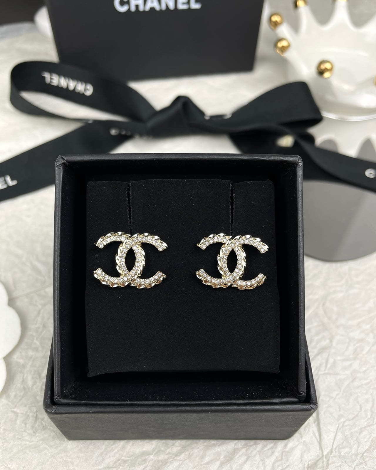 Gold-tone twisted crystal CC stud earrings 2