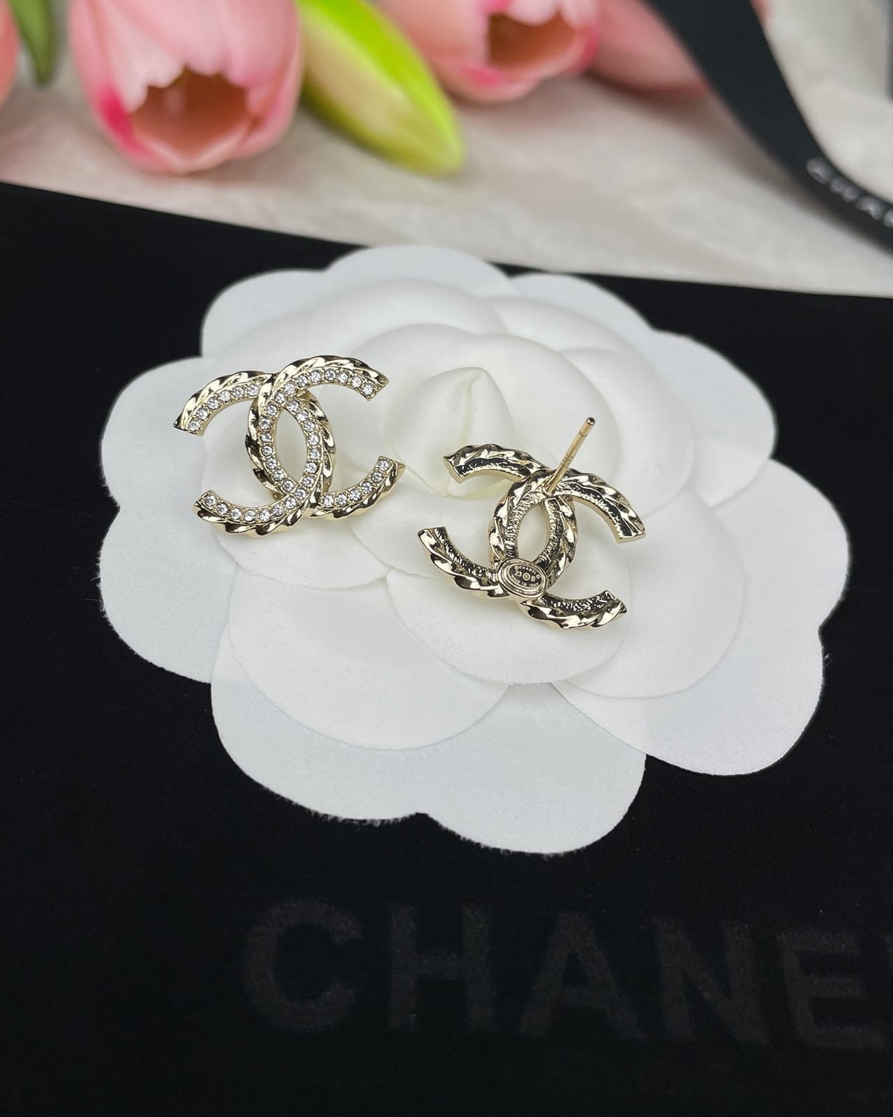 Gold-tone twisted crystal CC stud earrings 4