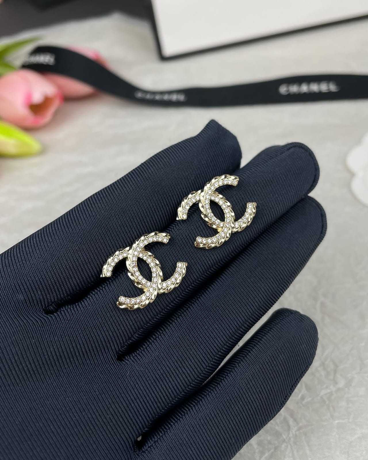 Gold-tone twisted crystal CC stud earrings 5