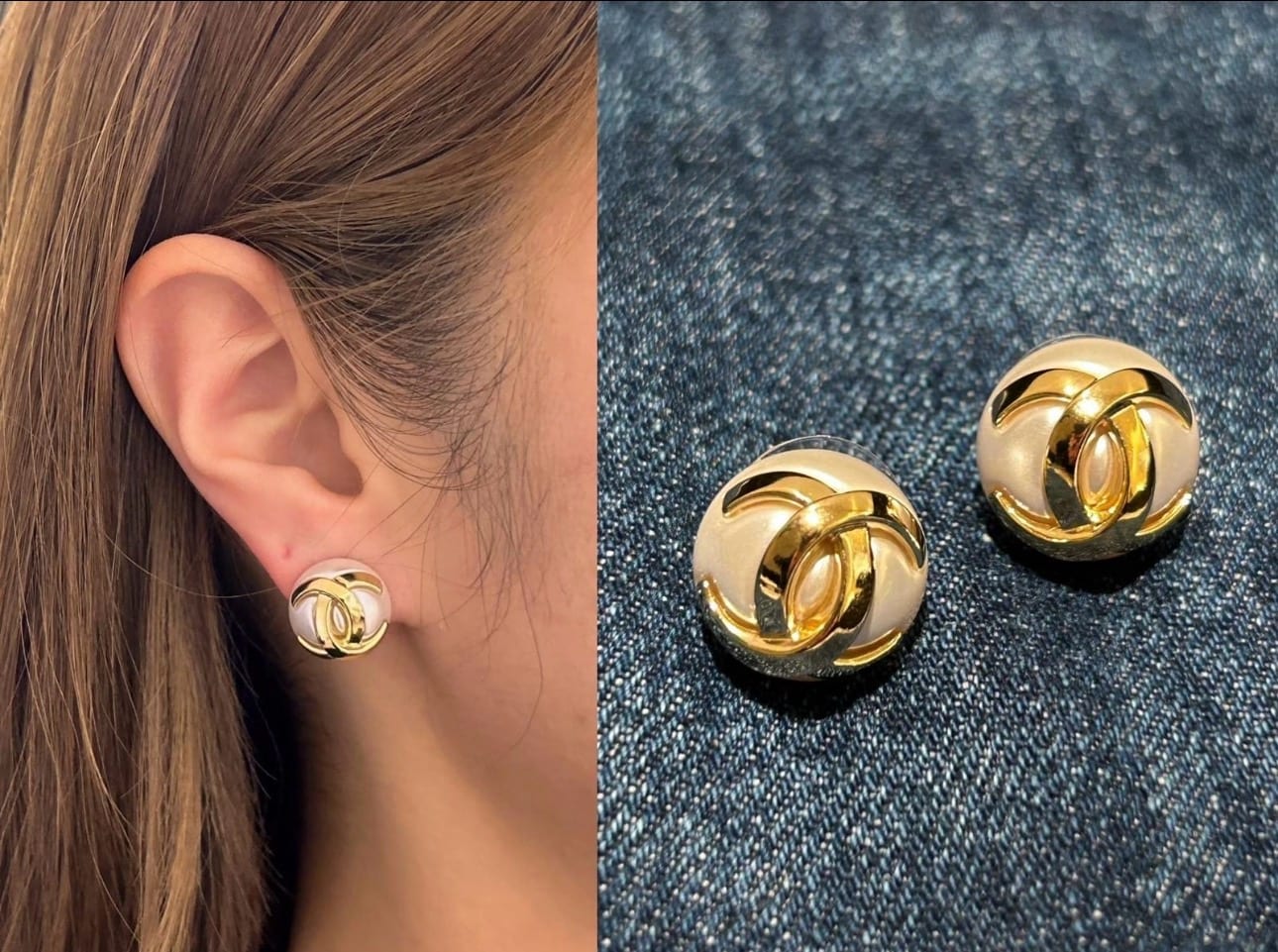 Pendant Earrings - Metal & Glass Pearls, Gold & Pearly White 3