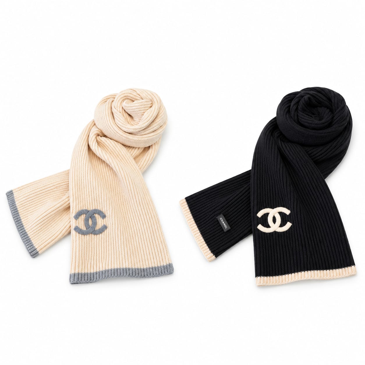  Chanel Cashmere CC Ribbed Scarf With Contrast Trim