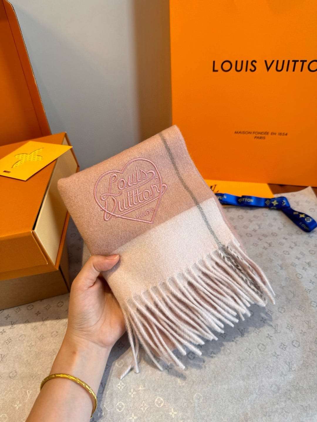 Louis Vuitton Heart Embroidered Cashmere Scarf 3
