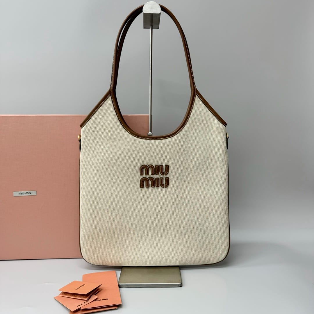  Miu Miu Ivy Woven Fabric Tote Bag -Naturale