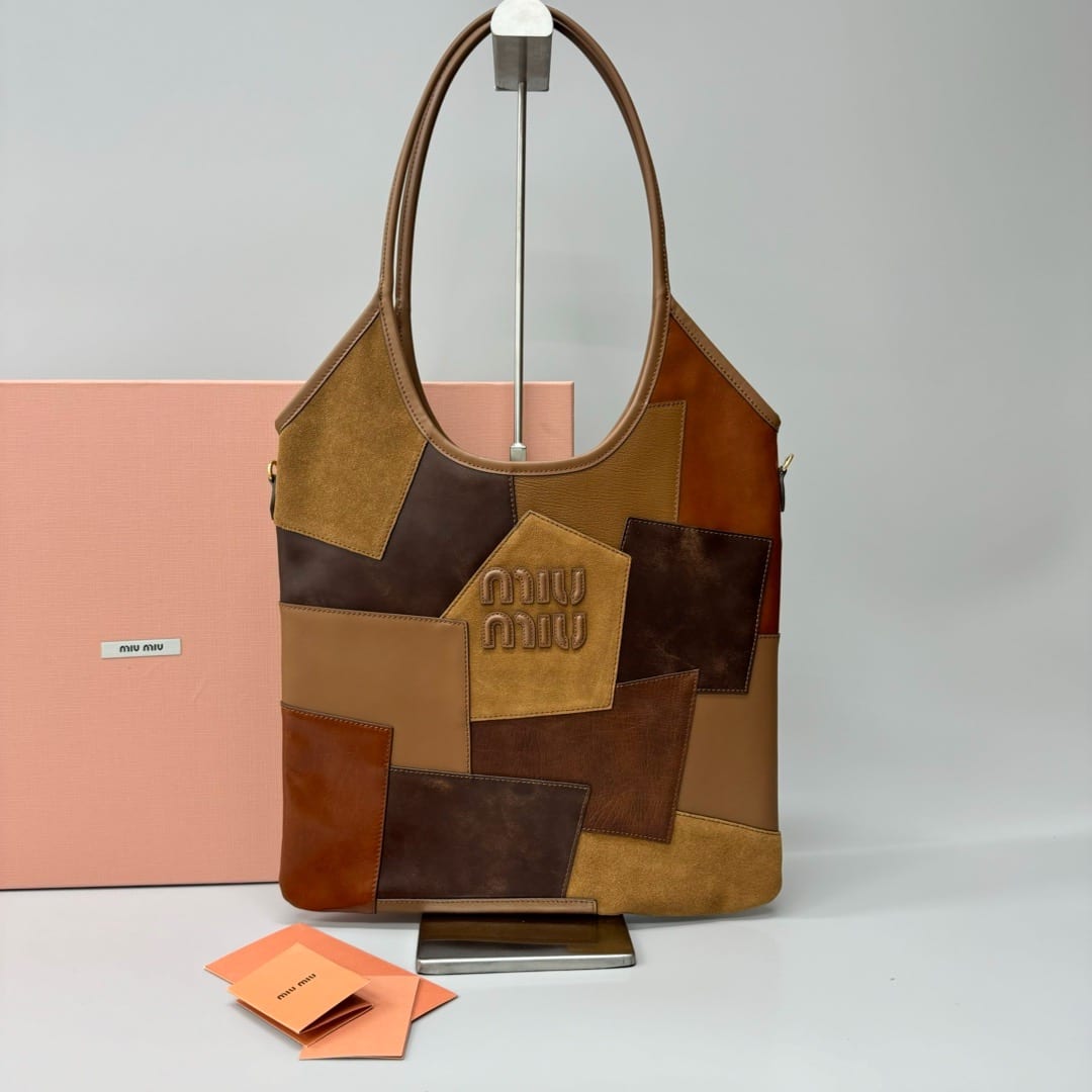  Miu Miu Ivy Patchwork Suede and Leather Tote Bag