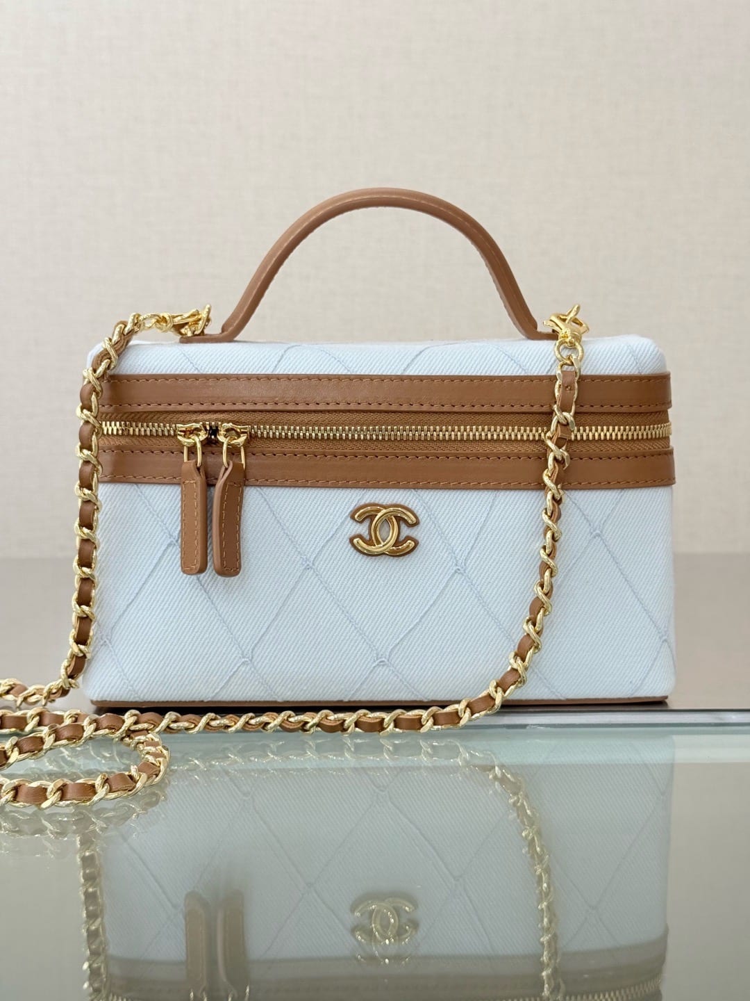 Chanel Denim & Grained Calfskin Top Handle Slim Vanity With Chain