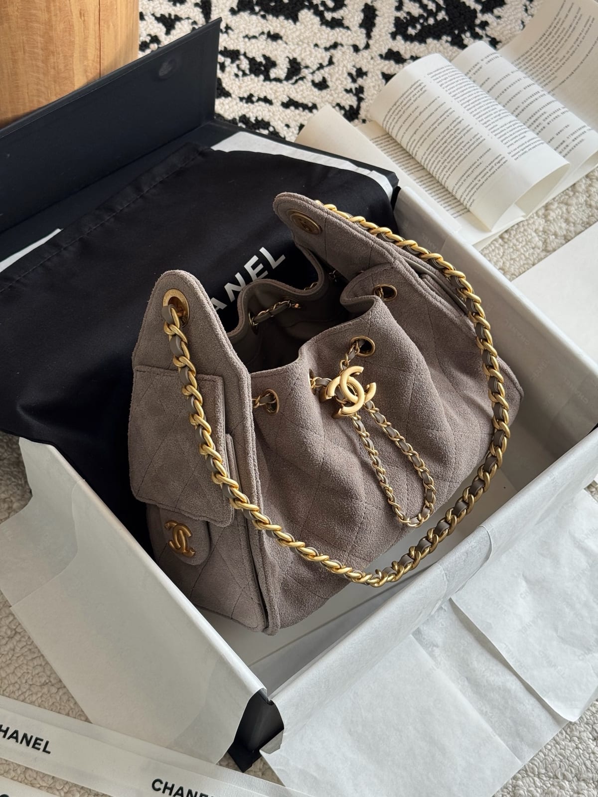  Chanel Mini 25 Hobo Bag   Dark Grey Suede with Antique Gold Hardware 2