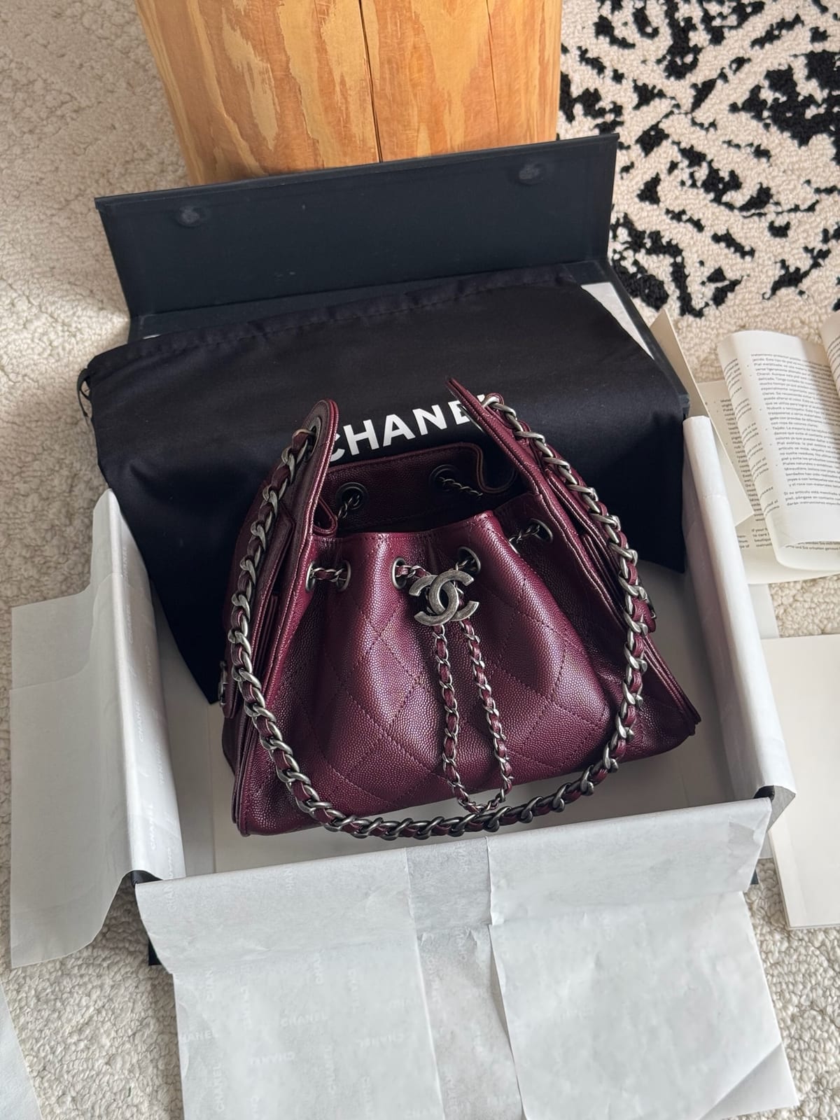 Chanel Mini 25 Hobo Bag Dark Burgundy Caviar Leather with Ruthenium/Silver Hardware