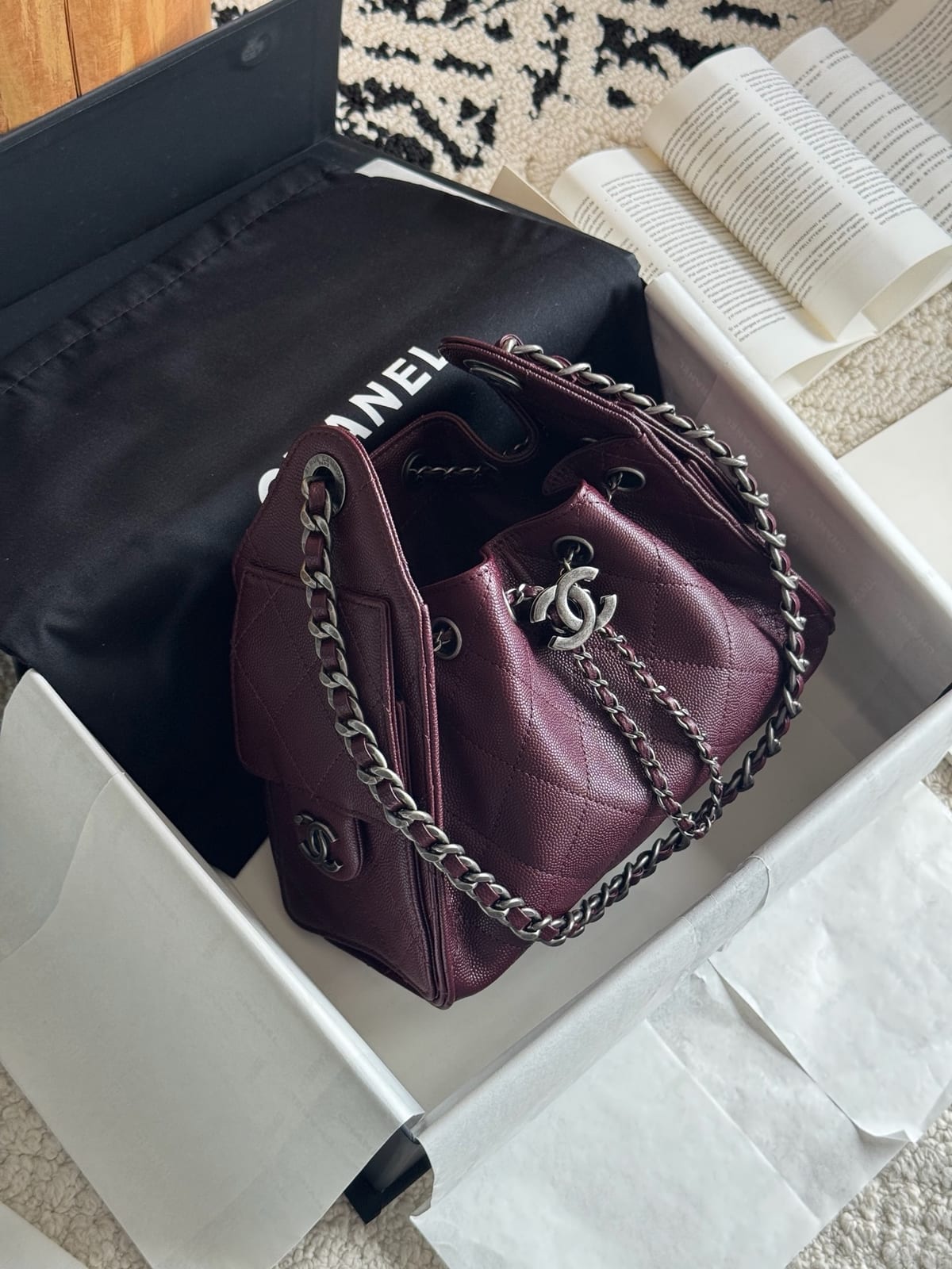 Chanel Mini 25 Hobo Bag Dark Burgundy Caviar Leather with Ruthenium/Silver Hardware 2