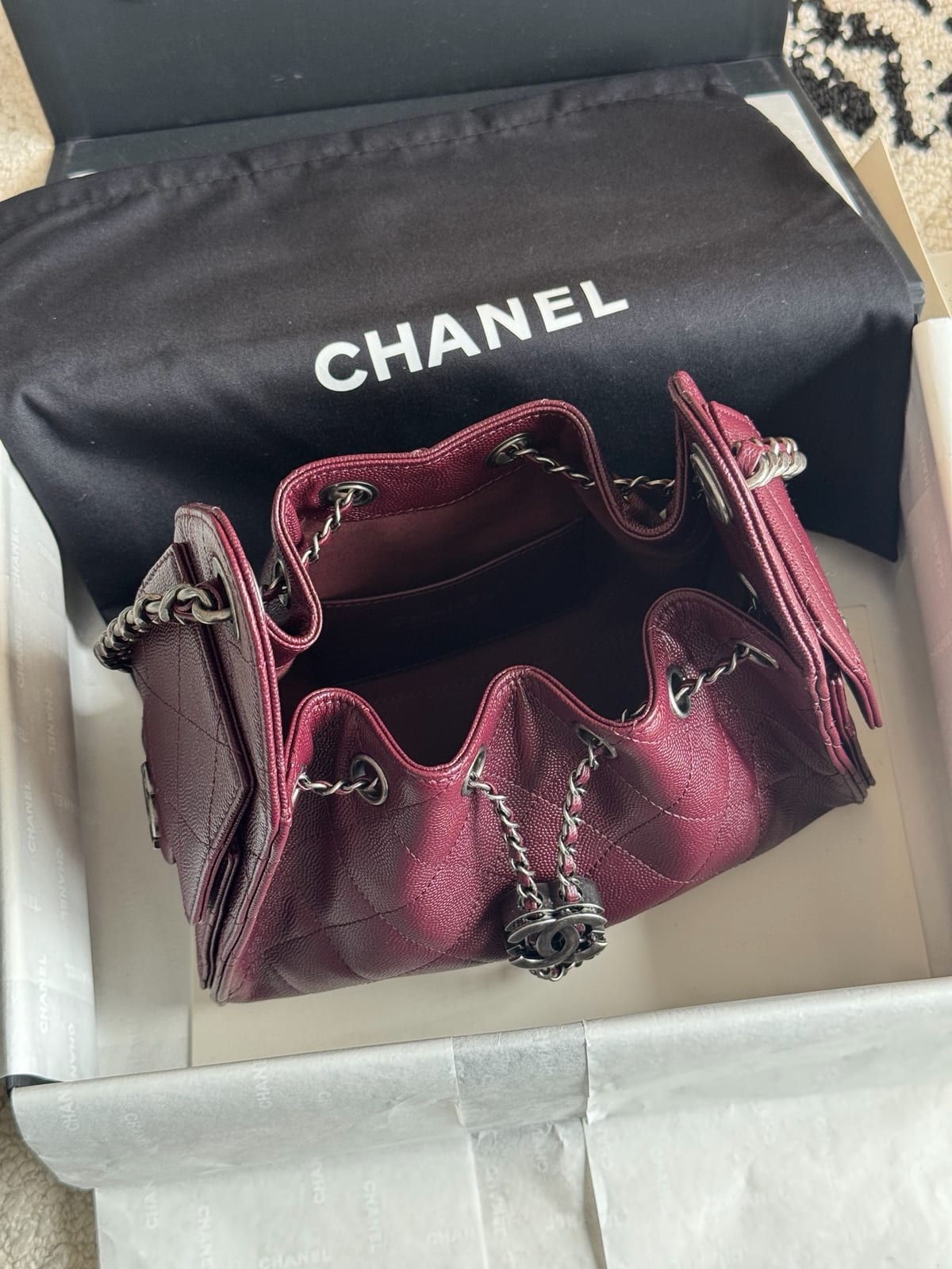 Chanel Mini 25 Hobo Bag Dark Burgundy Caviar Leather with Ruthenium/Silver Hardware 4