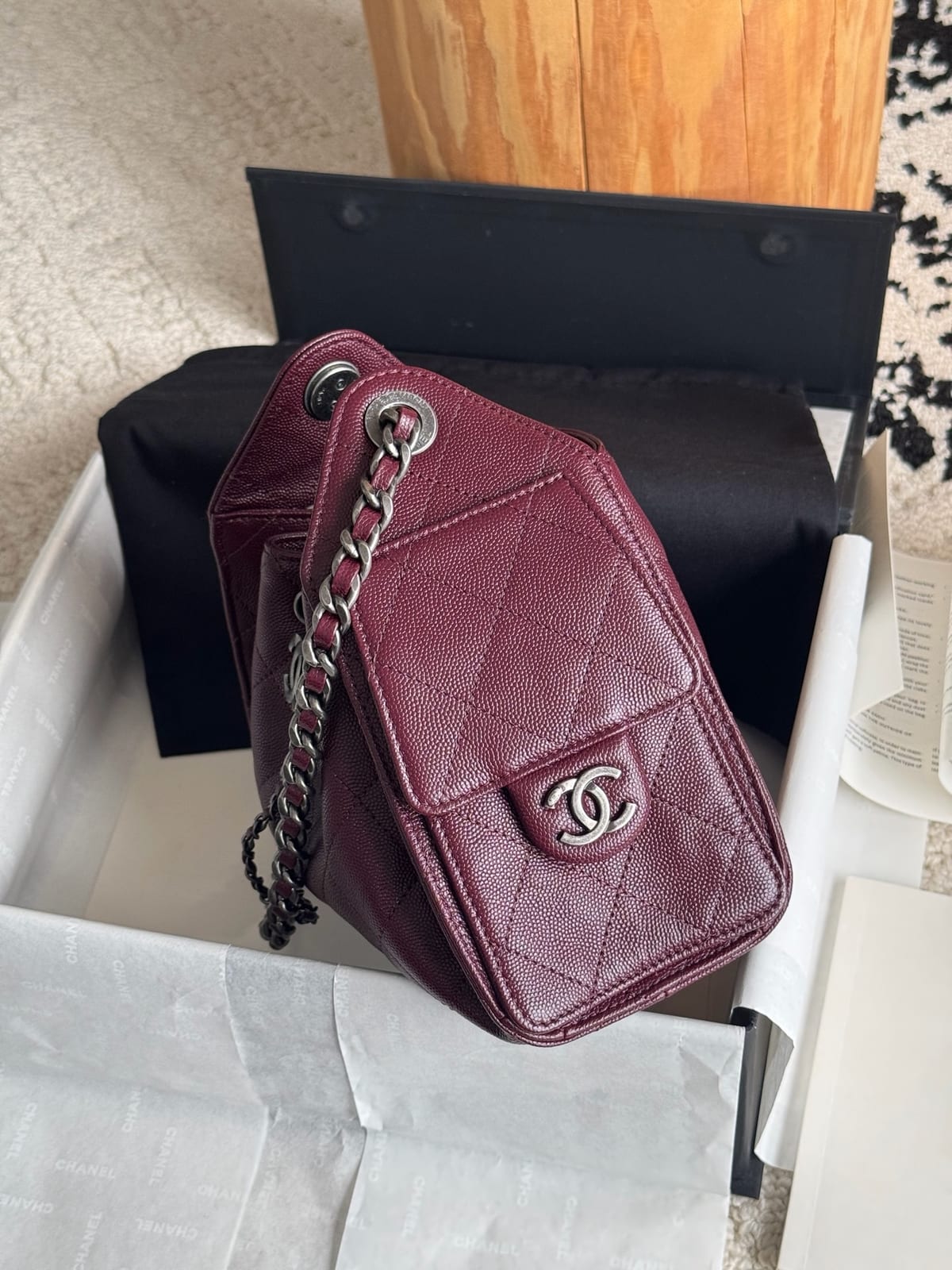 Chanel Mini 25 Hobo Bag Dark Burgundy Caviar Leather with Ruthenium/Silver Hardware 7