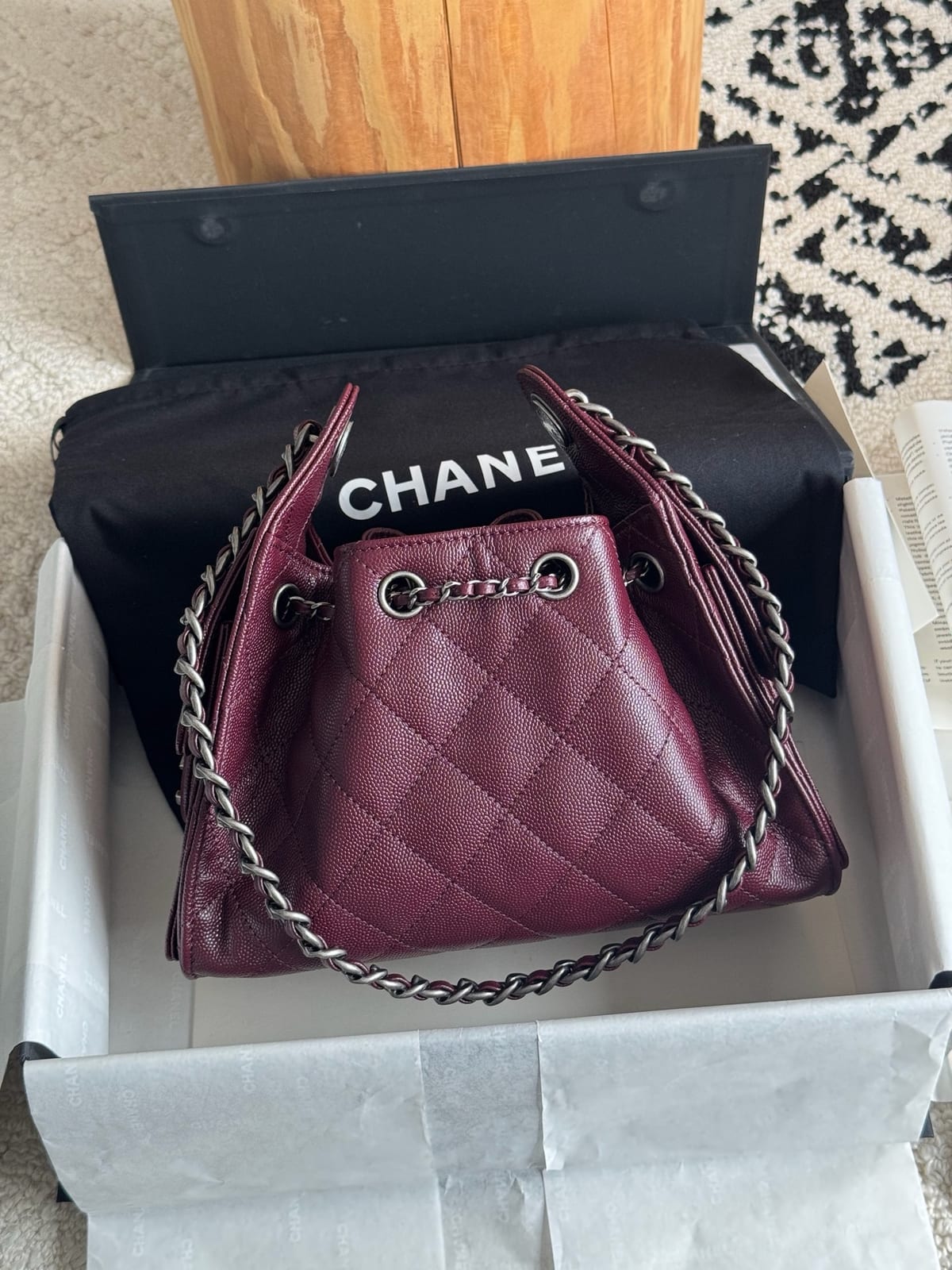 Chanel Mini 25 Hobo Bag Dark Burgundy Caviar Leather with Ruthenium/Silver Hardware 8
