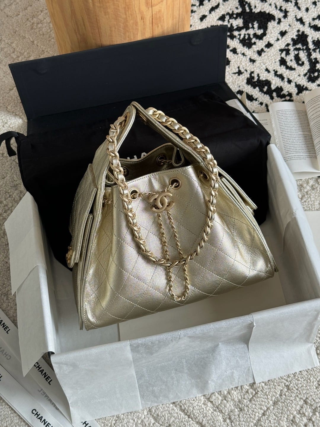 Chanel Mini 25 Hobo Bag  Light Gold Metallic Calfskin with Gold Hardware
