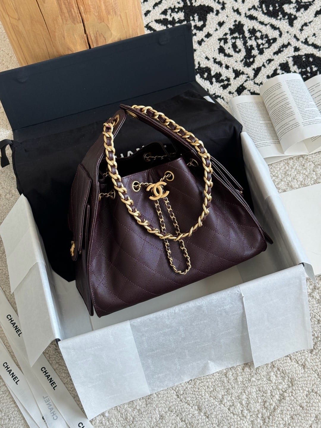 Chanel Small 25 Hobo Bag Dark Brown Grained Caviar Leather Gold Hardware