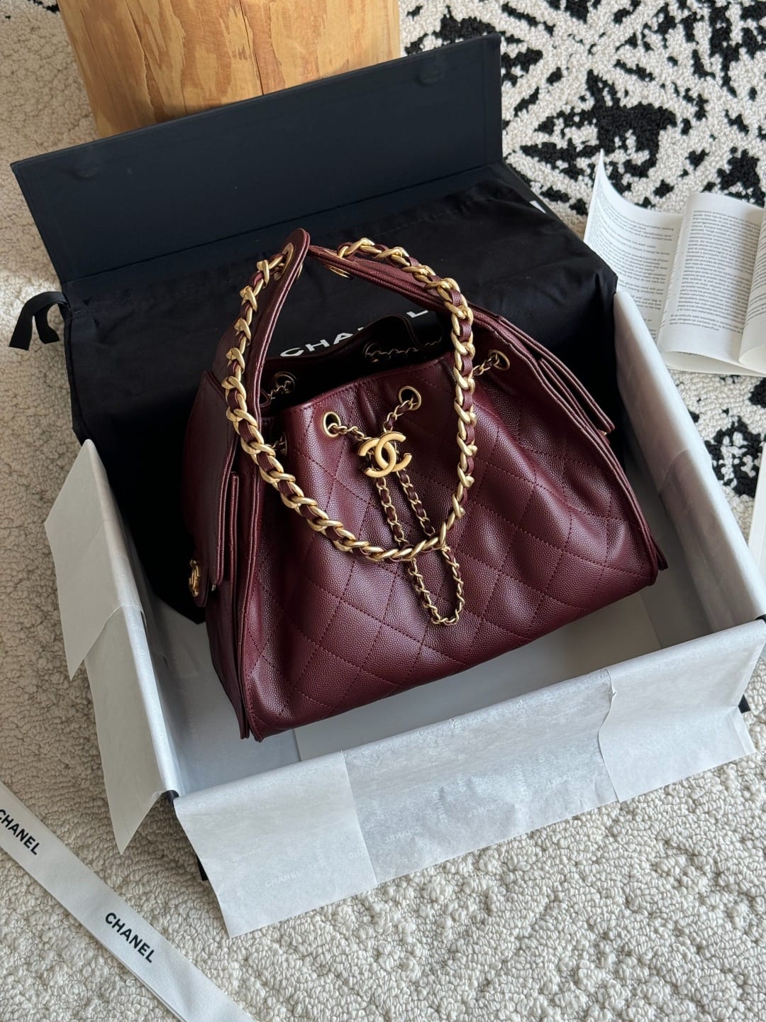 Chanel Mini 25 Hobo Bag Dark Burgundy Caviar Leather with Gold Hardware