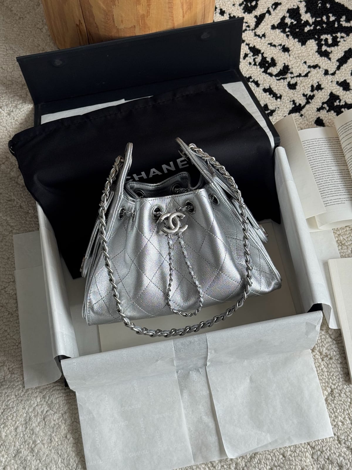 Chanel Mini 25 Hobo Bag  Metallic Silver Grained Calfskin with Silver Hardware