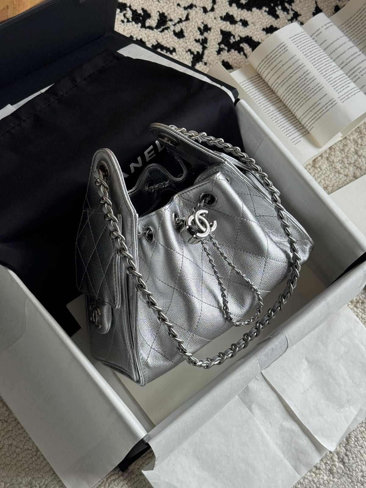 Chanel Mini 25 Hobo Bag  Metallic Silver Grained Calfskin with Silver Hardware 2