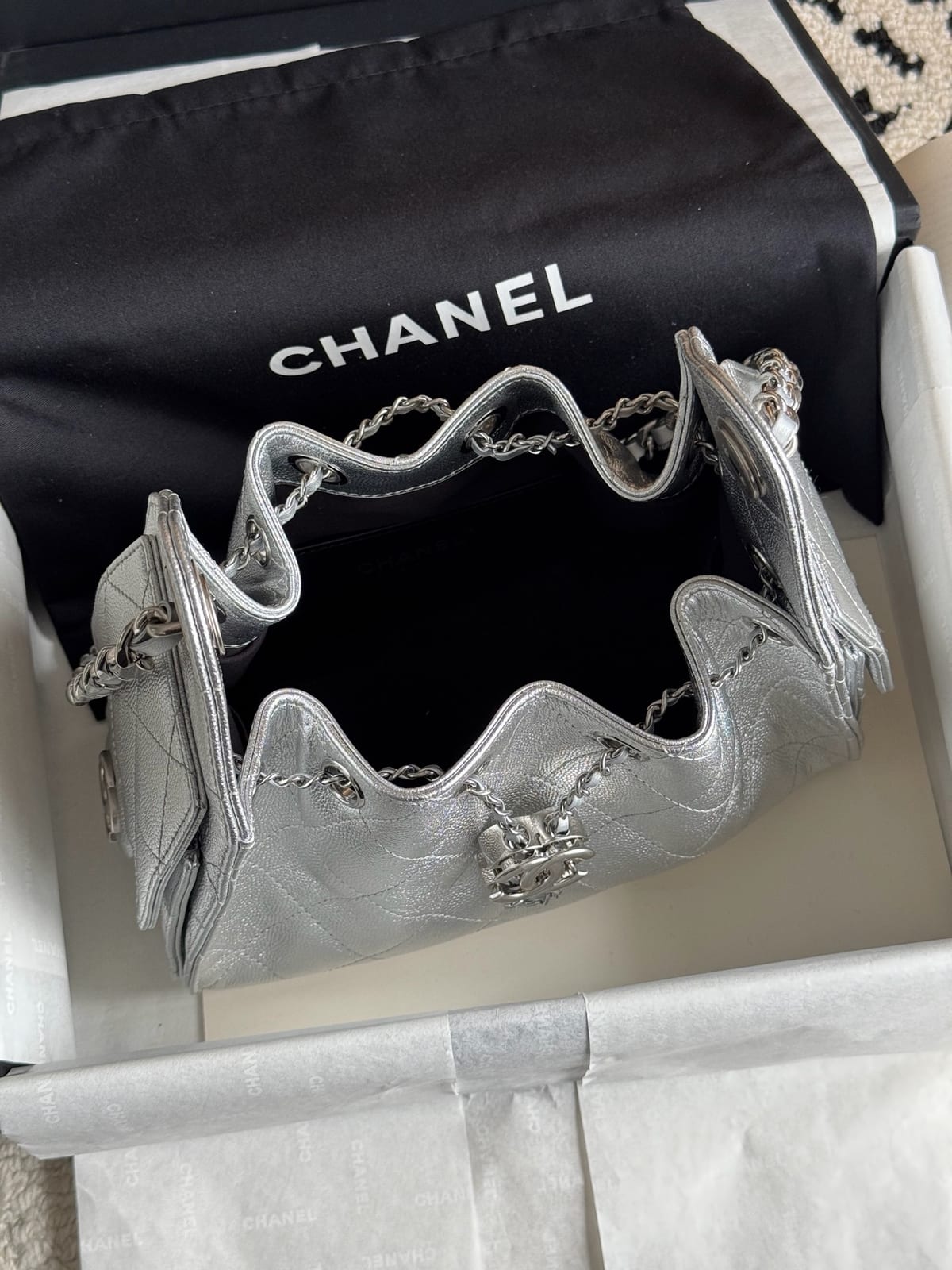 Chanel Mini 25 Hobo Bag  Metallic Silver Grained Calfskin with Silver Hardware 4