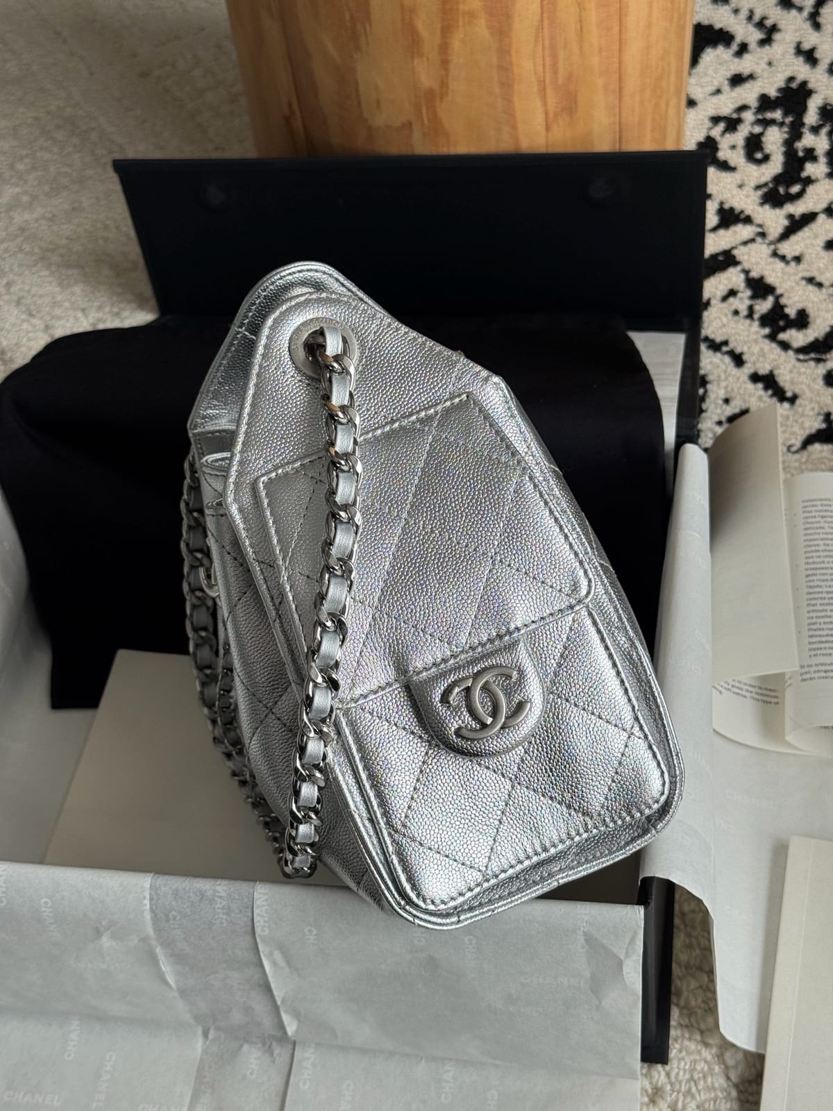 Chanel Mini 25 Hobo Bag  Metallic Silver Grained Calfskin with Silver Hardware 6