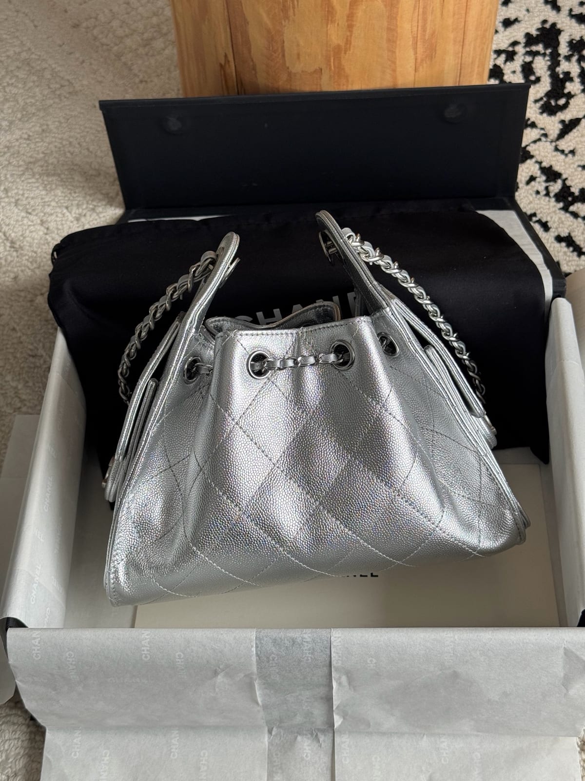 Chanel Mini 25 Hobo Bag  Metallic Silver Grained Calfskin with Silver Hardware 7