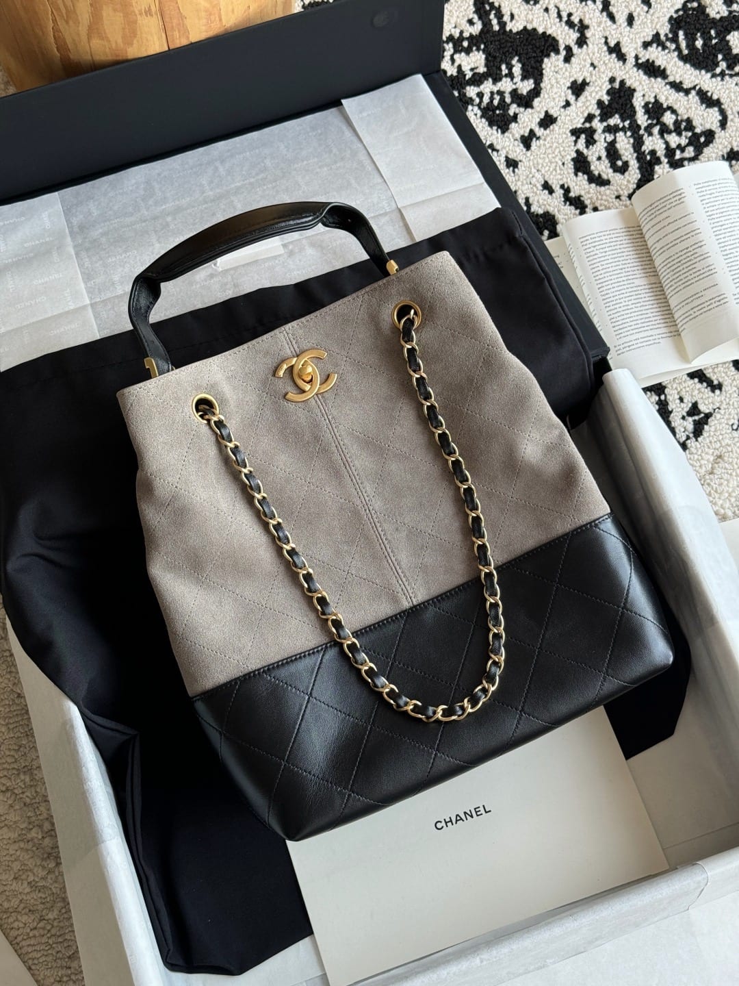 Chanel Small Coco Shopping Bag Dark Grey Suede Calfskin
