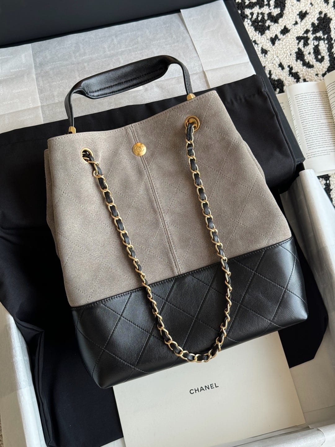 Chanel Small Coco Shopping Bag Dark Grey Suede Calfskin 3