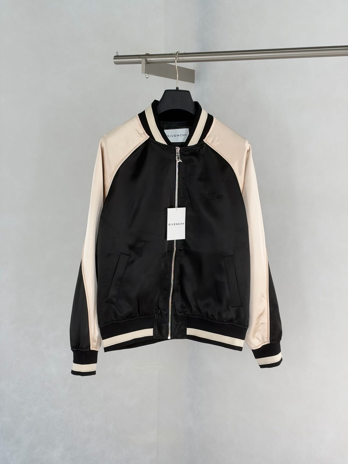 Givenchy Men's Satin Rhinestone-Logo Bomber Jacket